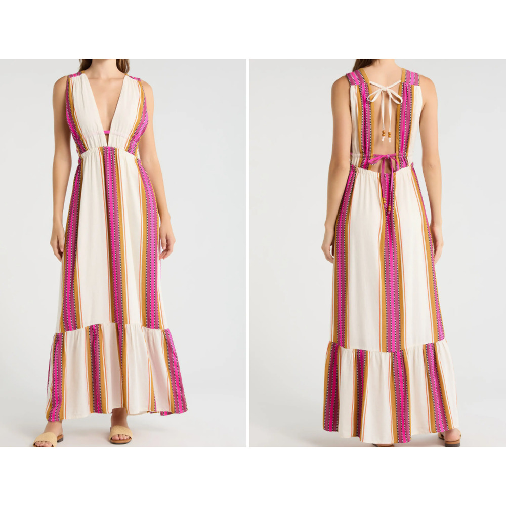 Elan Womens Dress Deep V-Neck Maxi Pink White Stripe Small Tie Back Ruffle Hem